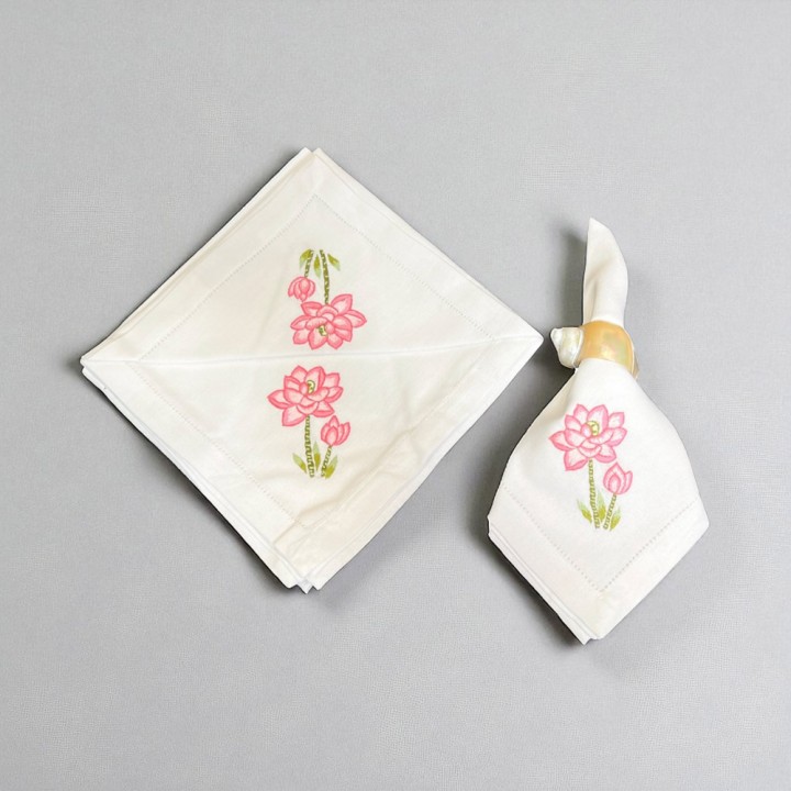 Napkin set (6 pieces) - Pink lotus embroidery